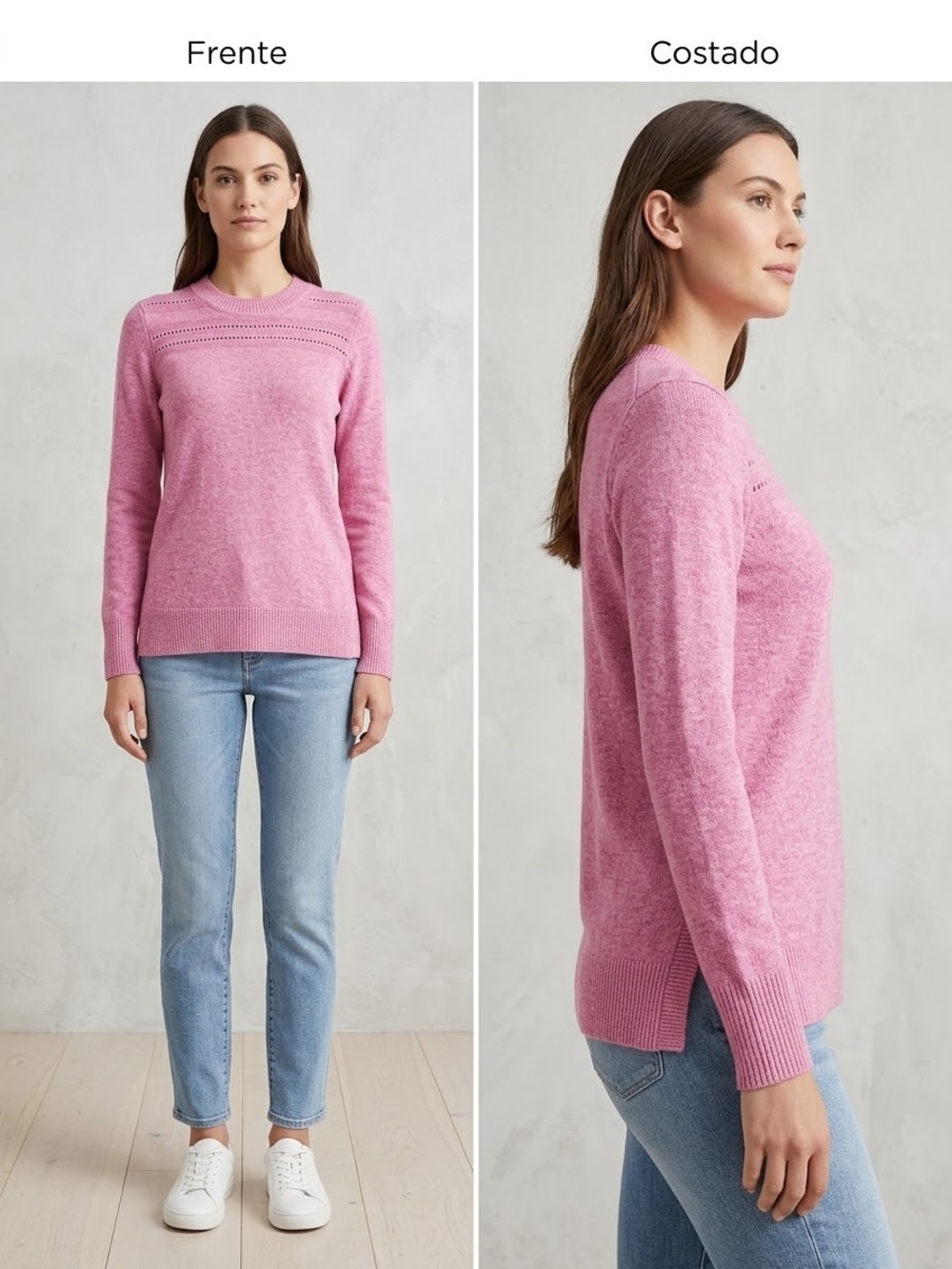 LOFT Pink Solid Knit Pullover Sweater Crew Neck Long Sleeve Eyelet Women M